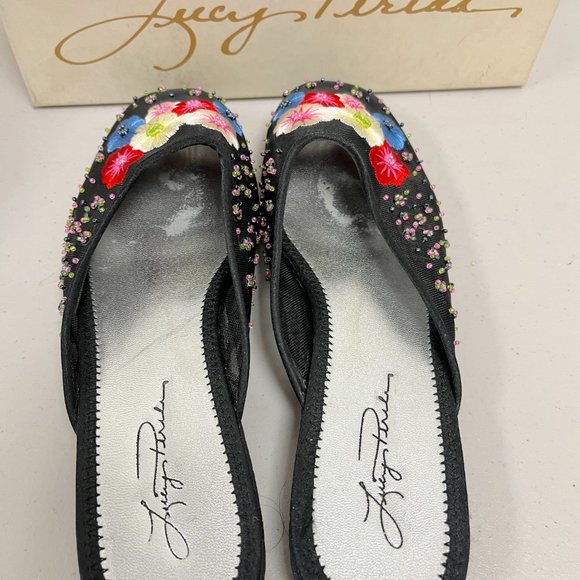 Lucy Pereda black red pink floral embroidered beaded flats mules slides 9 box - Picture 6 of 8